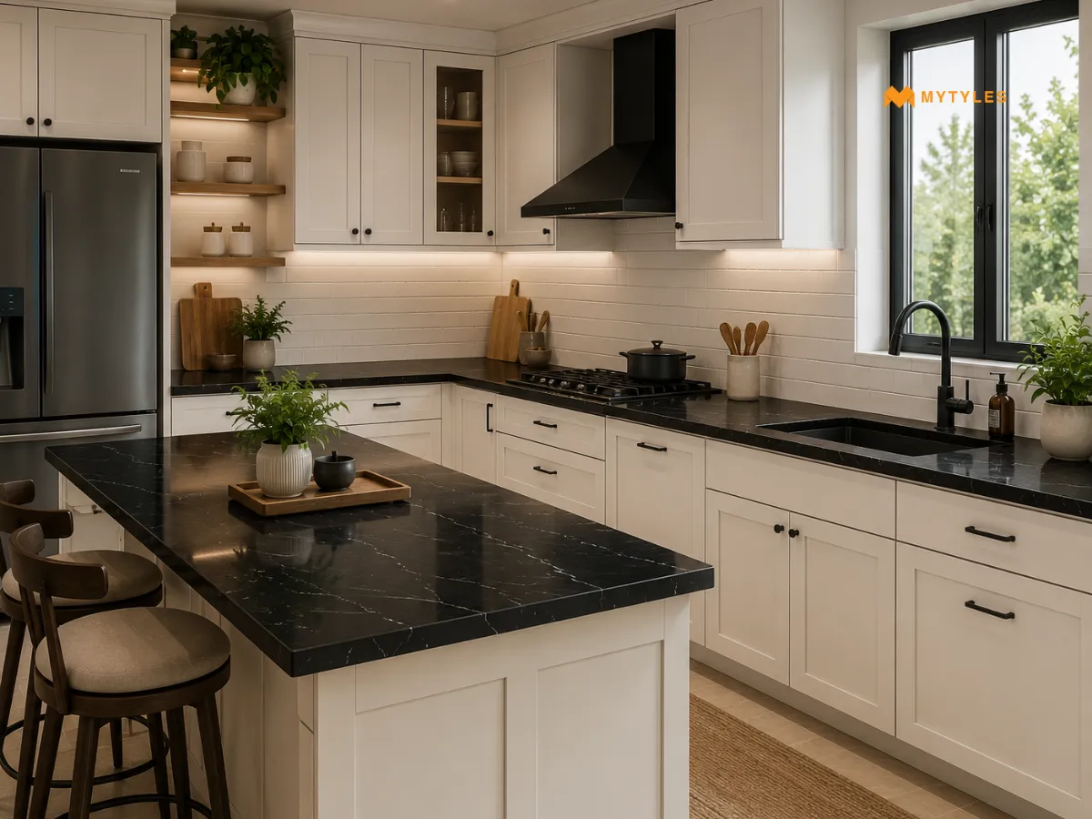 Black Countertop and Light Cabinets